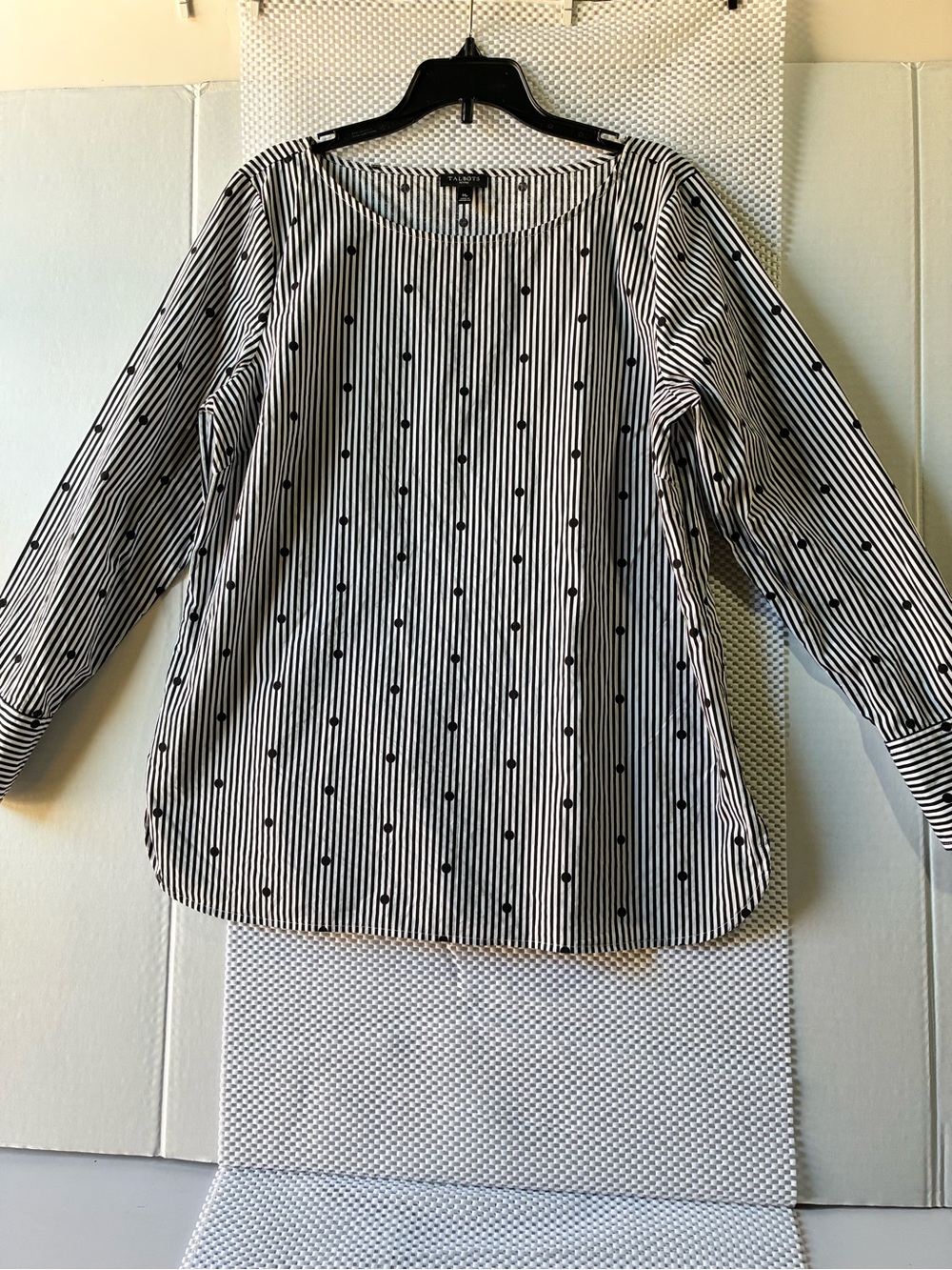 Talbots Black and White Striped Button-Down Shirt with Dot Print